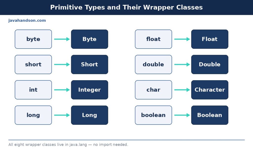 eight primitive types and their matching wrapper classes in Java