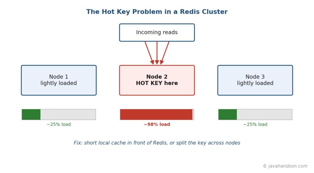 Diagram of a Redis cluster with three nodes where one node holding a single hot key is overwhelmed with traffic while the other two nodes remain lightly loaded