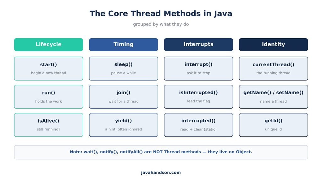 core Thread methods grouped by what they do — lifecycle, timing, interrupts, and identity