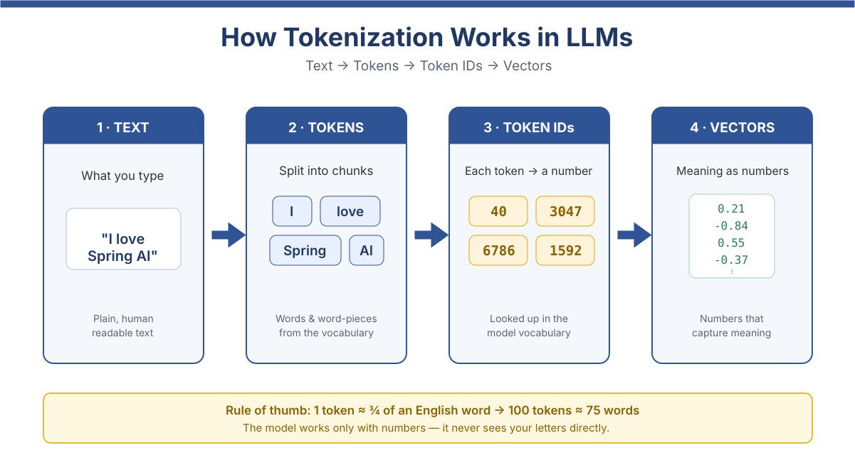 Diagram of the tokenization pipeline in LLMs showing text split into tokens, then token IDs, then vectors